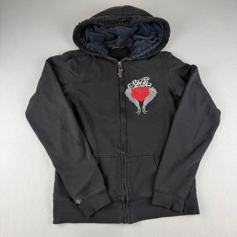 SoCal Mens Black Rose Angel Wings Zip Up Hoodie Rhinestone Y2K Large
